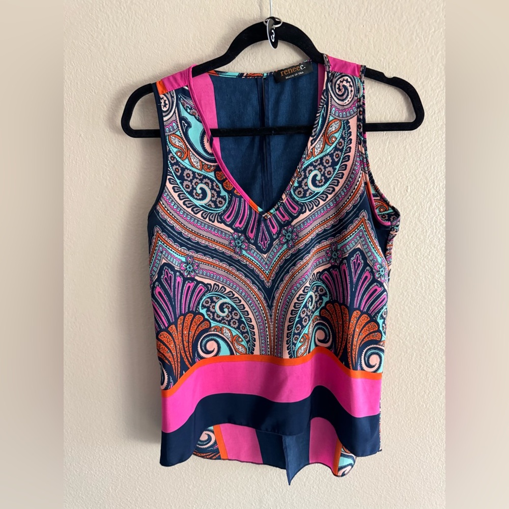 Renee C. paisley pattern multicolored navy blue & pink color block tank - small
